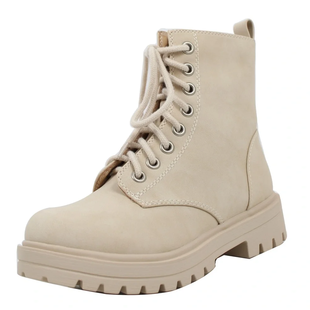 Beige Faux Nubuck Leather Combat Lace Up Ankle Boot - Picture 1 of 5